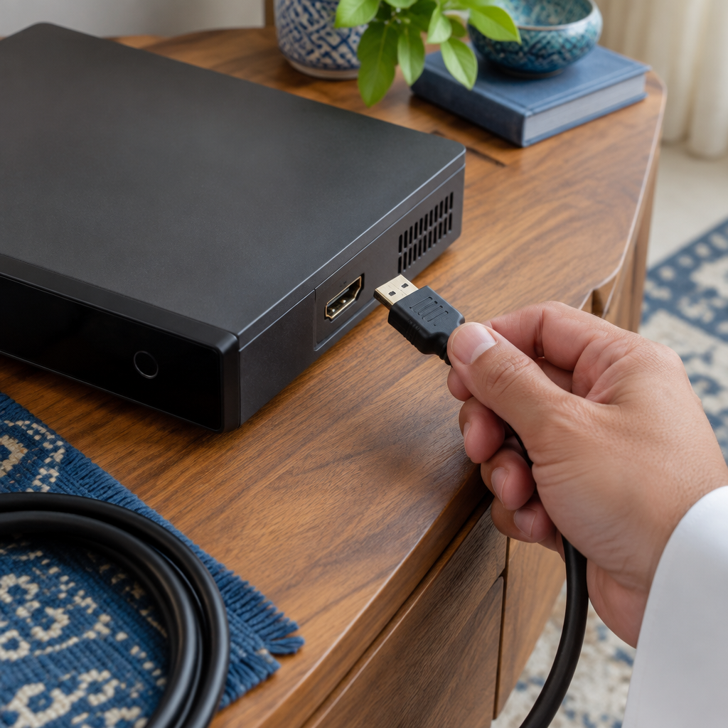 لقطة قريبة لكابل HDMI مفصول بجانب رسيفر مطفأ على طاولة خشبية مع ظهور رأس الكابل والمنفذ الخارجي
