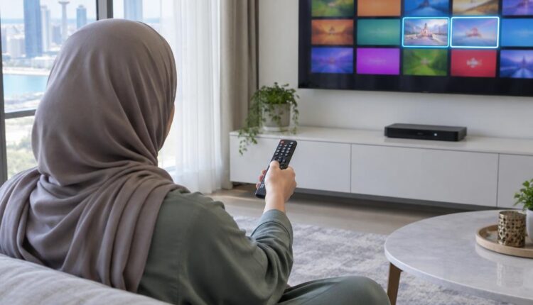 شابة تجلس على أريكة في شقة بالكويت وتوجّه ريموت الرسيفر نحو تلفزيون يعرض شبكة قنوات مجردة فيها مربعان متشابهان