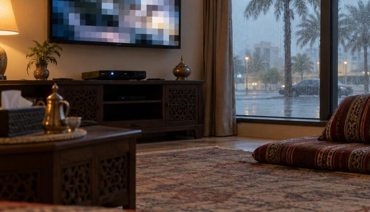 شاشة تلفزيون تعرض صورة متجمدة متكتلة في مجلس كويتي بينما يظهر المطر على النافذة خلفها