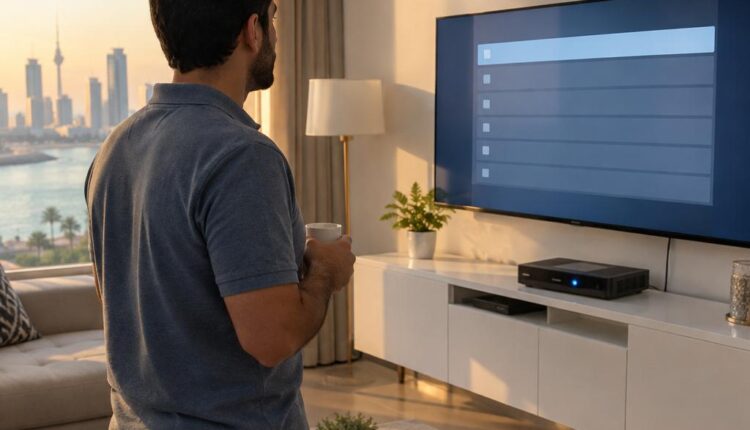 رجل في شقة بالكويت صباحاً يقف أمام تلفزيون يعرض قائمة تسجيلات فارغة وتحته رسيفر