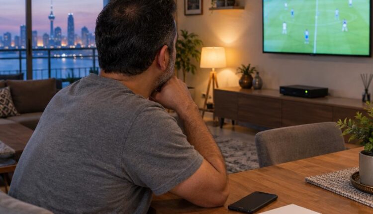 رجل يجلس إلى طاولة الطعام في شقة بالكويت مساءً ودفتر ملاحظات وهاتف أمامه بينما يعرض التلفزيون خلفه بثاً رياضياً مجرداً