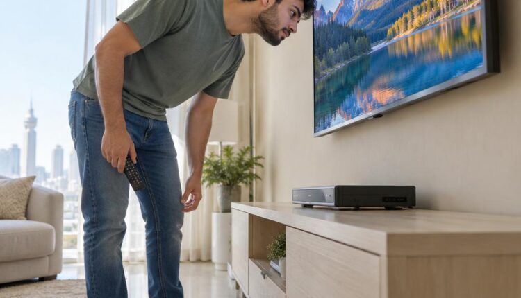 شاب في شقة بالكويت وقت الظهيرة يقترب من سماعة تلفزيون معلّق تعرض مشهداً طبيعياً وبيده ريموت بينما يظهر رسيفر على طاولة جانبية