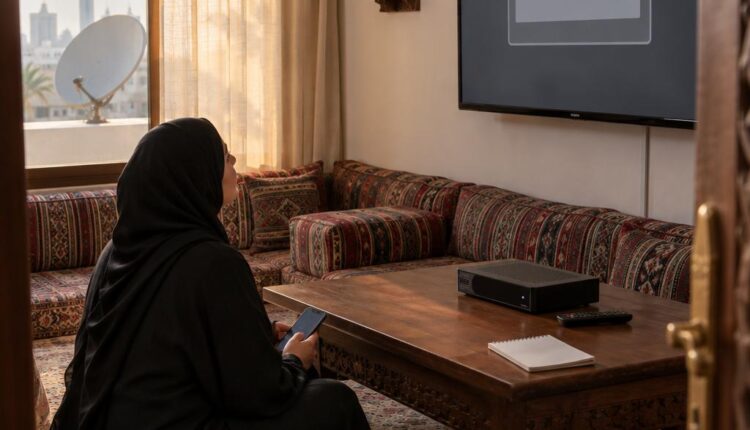 امرأة في مجلس كويتي عصراً تمسك هاتفاً وتنظر إلى تلفزيون يعرض مربع رسالة مجرداً مع رسيفر على طاولة منخفضة