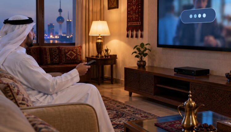 رجل جالس في ديوانية كويتية مساءً يمسك ريموتاً وينظر إلى تلفزيون يعرض مربع إدخال رقم سري مجرداً فوق مشهد مموّه