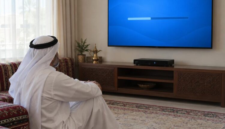 رجل جالس في ديوانية كويتية ينظر إلى تلفزيون يعرض شريط تحديث مجرداً متوقفاً ورسيفر على طاولة منخفضة