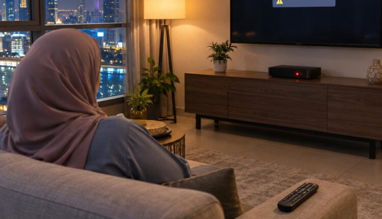 امرأة جالسة على أريكة في شقة بالكويت ليلاً تنظر إلى تلفزيون يعرض شريط تحذير عاماً ورسيفر على خزانة منخفضة