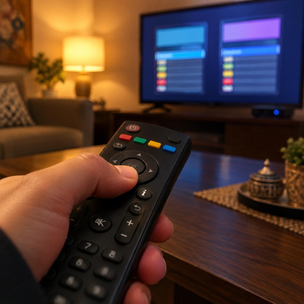 لقطة قريبة لإبهام يضغط زر المعلومات في ريموت رسيفر بينما تظهر خلفه لوحتا معلومات متجاورتان مجردتان على شاشة تلفزيون