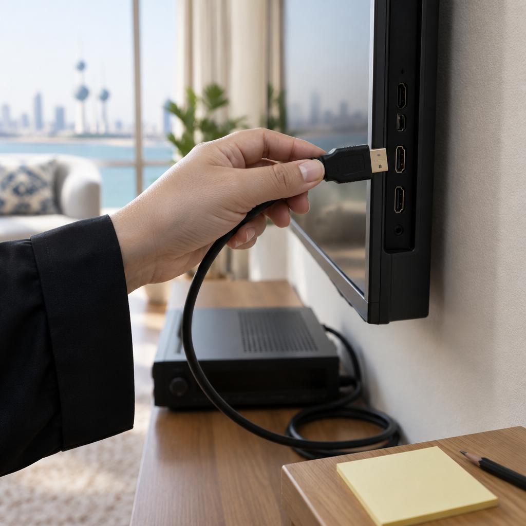 لقطة قريبة ليد تدخل قابس HDMI في منفذ جانبي لتلفزيون معلّق على الجدار مع قلم وورقة ملاحظات فارغة قريبة