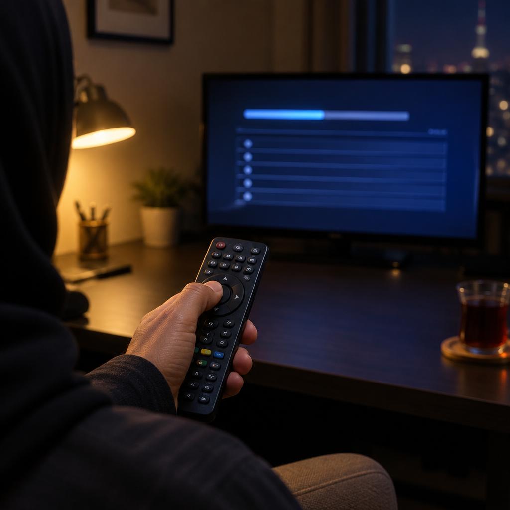 لقطة قريبة من فوق الكتف ليد تضغط أزرار الاتجاه في ريموت بينما تعرض الشاشة خلفها شريط تقدم مجرداً وصفوف قائمة فارغة