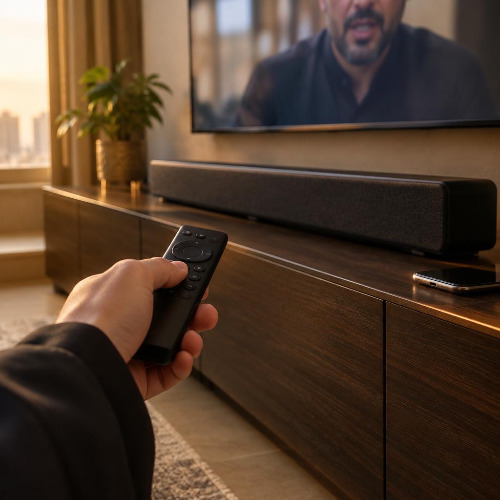 لقطة قريبة ليد تمسك ريموت وتوجهه نحو ساوندبار رفيع على طاولة بينما يظهر تلفزيون غير واضح فوقه