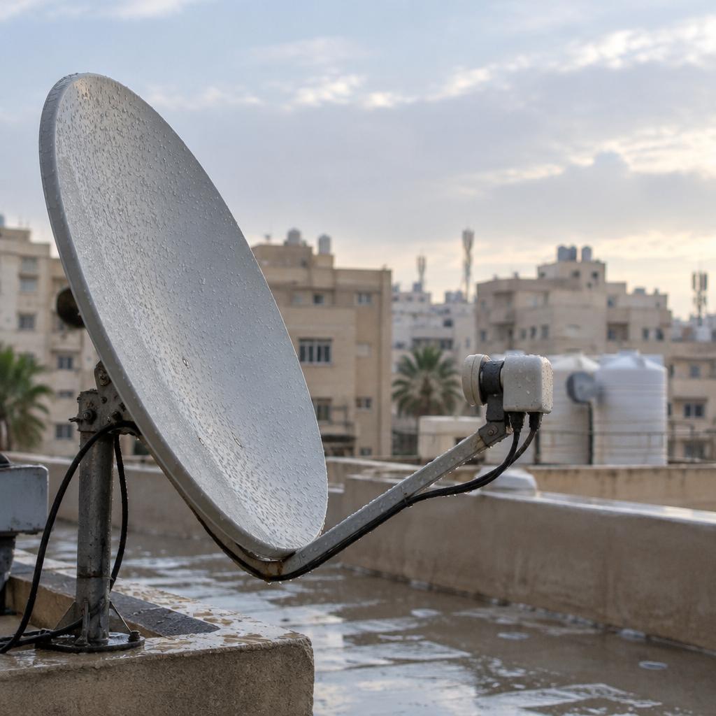لقطة مقربة من مسافة آمنة لطبق ستلايت وذراع اللاقط عليهما قطرات ماء على سطح منزل في الكويت بعد المطر