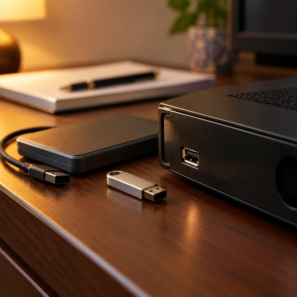 لقطة قريبة لمنفذ USB جانبي في رسيفر مطفأ بجانب فلاشة وقرص صلب خارجي صغير على رف خشبي