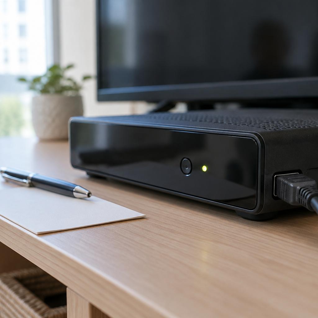لقطة قريبة لواجهة رسيفر أمامية يظهر فيها مؤشر استعداد صغير وبجانبه كيبل HDMI وورقة ملاحظات فارغة