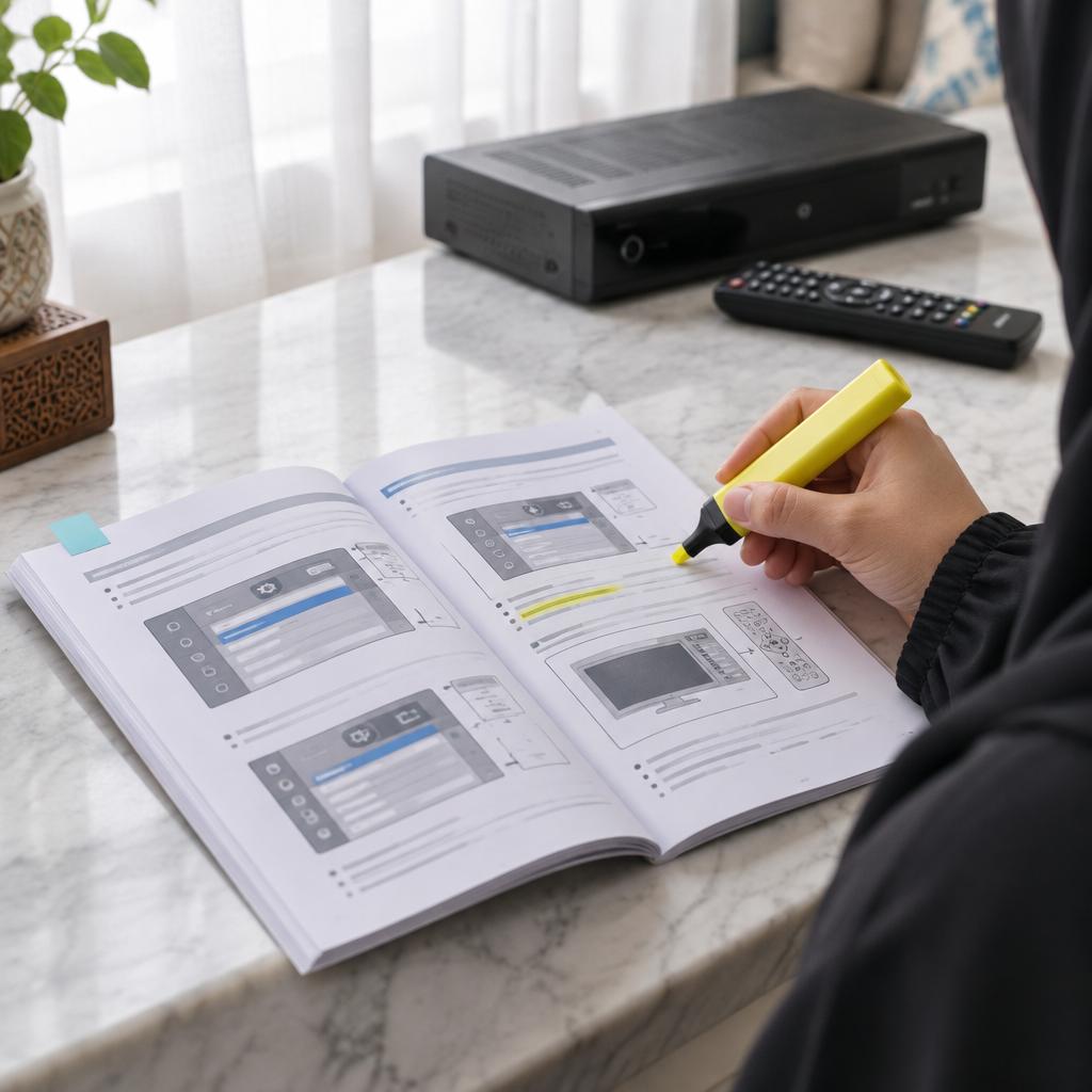 دليل مستخدم مطبوع مفتوح على رف رخامي وقلم تحديد في يد بينما يظهر رسيفر غير واضح في الخلفية داخل منزل كويتي