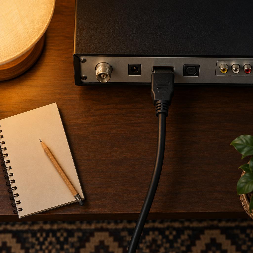 منظر علوي قريب للوحة الخلفية لرسيفر على رف خشبي مع كيبل HDMI موصول ومنفذ صوت مجاور وورقة ملاحظات فارغة وقلم