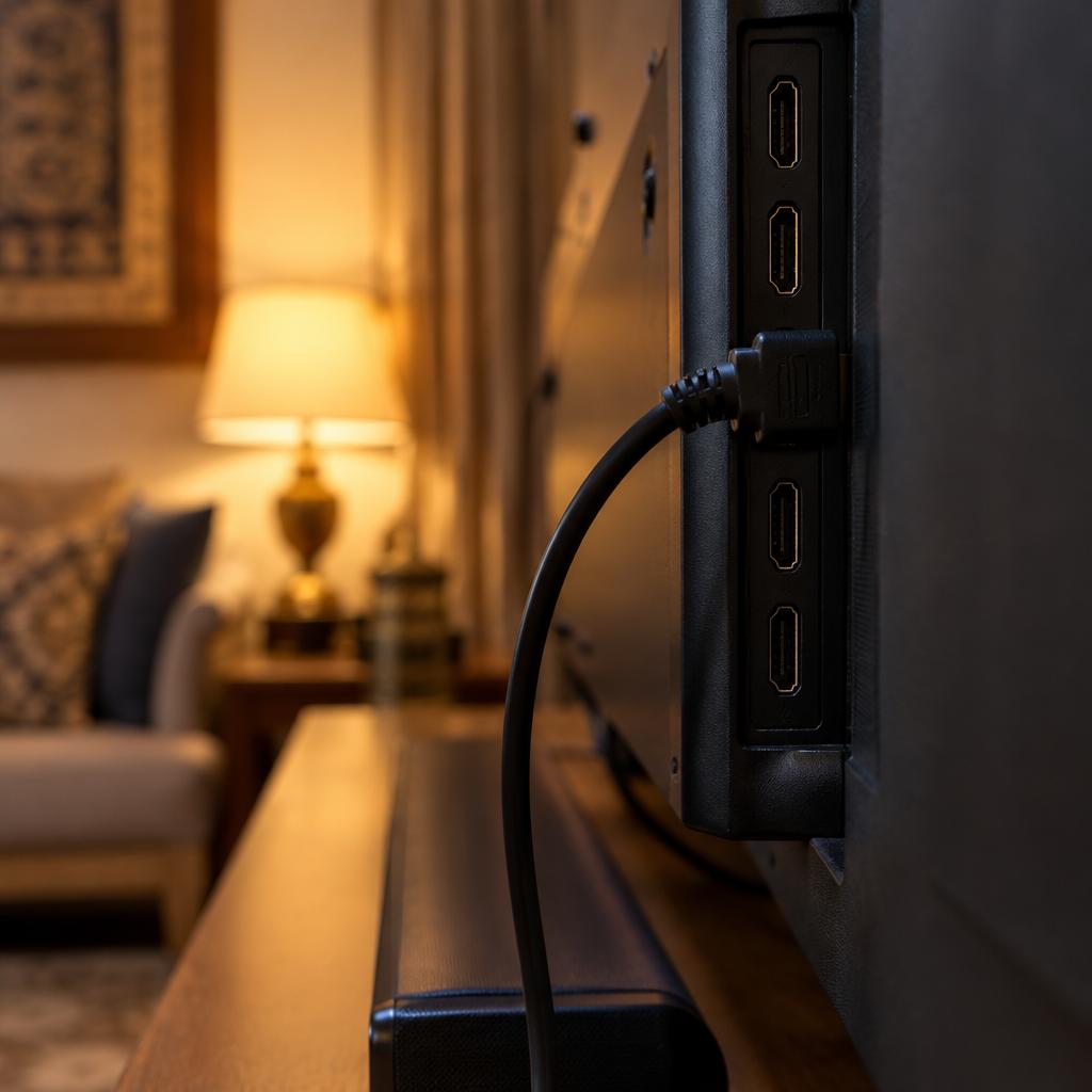 لقطة قريبة لمنافذ HDMI على جانب تلفزيون معلّق مع قابس كابل موصول وساوندبار غير واضح في الأسفل