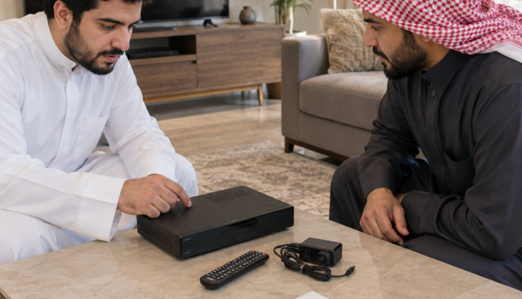 مشتري وبائع في غرفة معيشة كويتية يعاينان رسيفراً مستعملاً موضوعاً على طاولة أمام تلفزيون مع ورقة ملاحظات فارغة